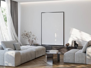 Çerçeve modeli, ISO. Kağıt boyutunda. Oturma odasının poster modeli. Evin arka planına sahip iç modeller. Modern iç tasarım. 3 Boyutlu Hazırlama