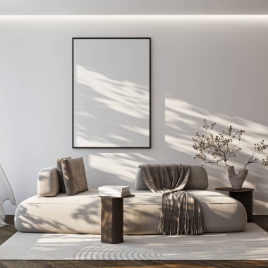 Modern bir oturma odasının içinde poster modeli. ISO 'lu çerçeve modeli. Kağıt boyutunda. 3B illüstrasyon.