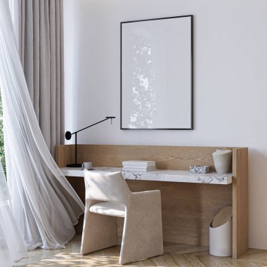 Çerçeve modeli, ISO. Kağıt boyutunda. Oturma odasının poster modeli. Evin arka planına sahip iç modeller. Modern iç tasarım. 3 Boyutlu Hazırlama