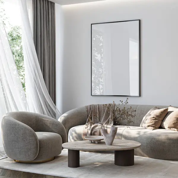 Çerçeve modeli, ISO. Kağıt boyutunda. Oturma odasının poster modeli. Evin arka planına sahip iç modeller. Modern iç tasarım. 3 Boyutlu Hazırlama