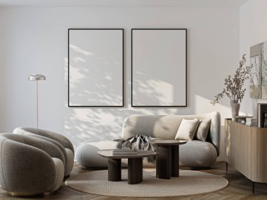 Modern bir oturma odasının içinde poster modeli. ISO 'lu çerçeve modeli. Kağıt boyutunda. 3B illüstrasyon.