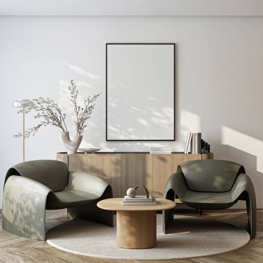 Çerçeve modeli, ISO. Kağıt boyutunda. Oturma odasının poster modeli. Evin arka planına sahip iç modeller. Modern iç tasarım. 3 Boyutlu Hazırlama