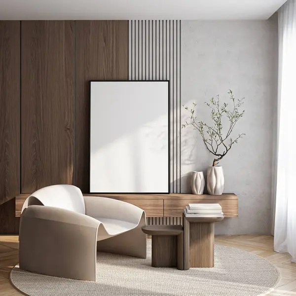 Çerçeve modeli, ISO. Kağıt boyutunda. Oturma odasının poster modeli. Evin arka planına sahip iç modeller. Modern iç tasarım. 3 Boyutlu Hazırlama