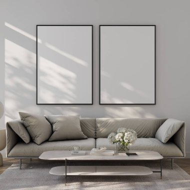 Çerçeve modeli, ISO. Kağıt boyutunda. Oturma odasının poster modeli. Evin arka planına sahip iç modeller. Modern iç tasarım. 3 Boyutlu Hazırlama