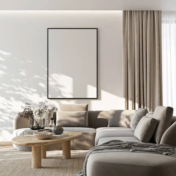 Çerçeve modeli, ISO. Kağıt boyutunda. Oturma odasının poster modeli. Evin arka planına sahip iç modeller. Modern iç tasarım. 3 Boyutlu Hazırlama