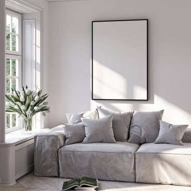 Modern bir oturma odasının içinde poster modeli. ISO 'lu çerçeve modeli. Kağıt boyutunda. 3B illüstrasyon.