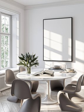 Modern bir oturma odasının içinde poster modeli. ISO 'lu çerçeve modeli. Kağıt boyutunda. 3B illüstrasyon.