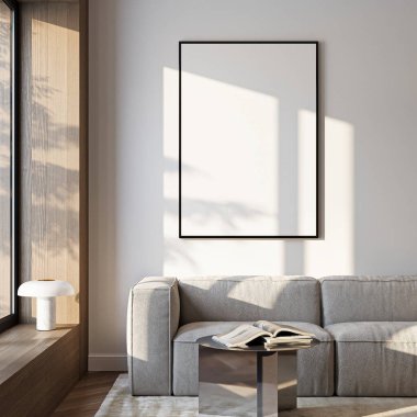 Çerçeve modeli, ISO. Kağıt boyutunda. Oturma odasının poster modeli. Evin arka planına sahip iç modeller. Modern iç tasarım. 3 Boyutlu Hazırlama