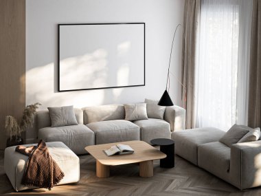 Çerçeve modeli, ISO. Kağıt boyutunda. Oturma odasının poster modeli. Evin arka planına sahip iç modeller. Modern iç tasarım. 3 Boyutlu Hazırlama