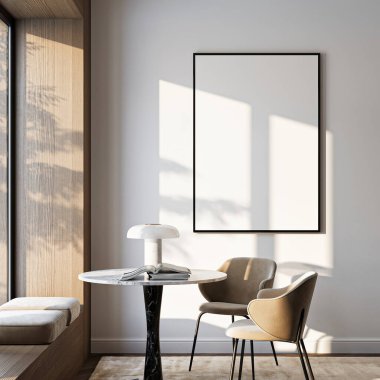 Çerçeve modeli, ISO. Kağıt boyutunda. Oturma odasının poster modeli. Evin arka planına sahip iç modeller. Modern iç tasarım. 3 Boyutlu Hazırlama