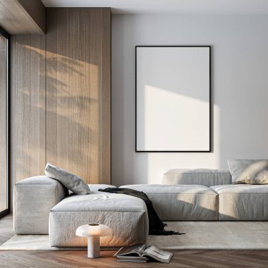 Çerçeve modeli, ISO. Kağıt boyutunda. Oturma odasının poster modeli. Evin arka planına sahip iç modeller. Modern iç tasarım. 3 Boyutlu Hazırlama