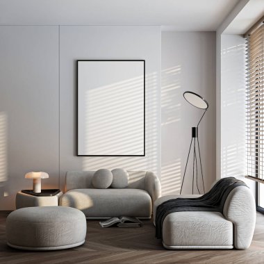 Çerçeve modeli, ISO. Kağıt boyutunda. Oturma odasının poster modeli. Evin arka planına sahip iç modeller. Modern iç tasarım. 3 Boyutlu Hazırlama