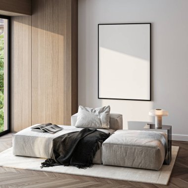 Çerçeve modeli, ISO. Kağıt boyutunda. Oturma odasının poster modeli. Evin arka planına sahip iç modeller. Modern iç tasarım. 3 Boyutlu Hazırlama