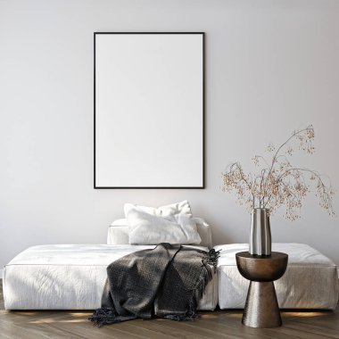 Çerçeve modeli, ISO. Kağıt boyutunda. Oturma odasının poster modeli. Evin arka planına sahip iç modeller. Modern iç tasarım. 3 Boyutlu Hazırlama