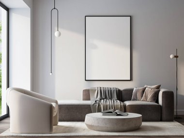 Çerçeve modeli, ISO. Kağıt boyutunda. Oturma odasının poster modeli. Evin arka planına sahip iç modeller. Modern iç tasarım. 3 Boyutlu Hazırlama