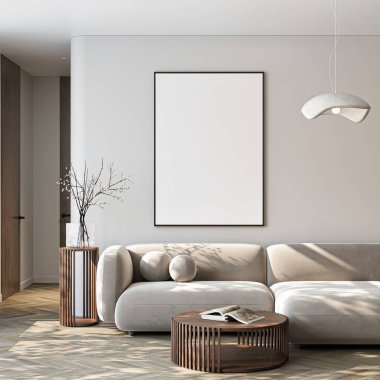 Çerçeve modeli, ISO. Kağıt boyutunda. Oturma odasının poster modeli. Evin arka planına sahip iç modeller. Modern iç tasarım. 3 Boyutlu Hazırlama