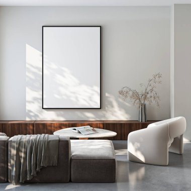 Çerçeve modeli, ISO. Kağıt boyutunda. Oturma odasının poster modeli. Evin arka planına sahip iç modeller. Modern iç tasarım. 3 Boyutlu Hazırlama