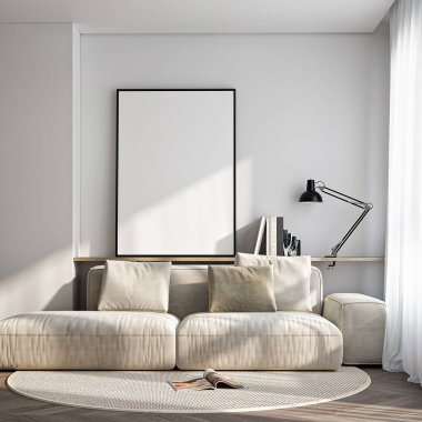 Çerçeve modeli, ISO. Kağıt boyutunda. Oturma odasının poster modeli. Evin arka planına sahip iç modeller. Modern iç tasarım. 3 Boyutlu Hazırlama