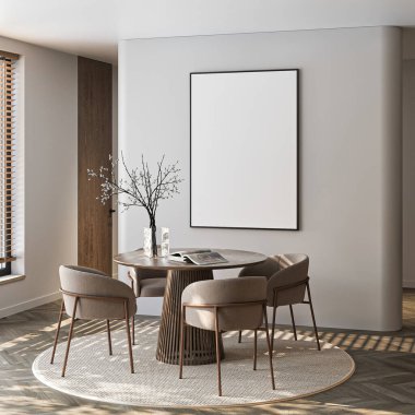 Çerçeve modeli, ISO. Kağıt boyutunda. Oturma odasının poster modeli. Evin arka planına sahip iç modeller. Modern iç tasarım. 3 Boyutlu Hazırlama