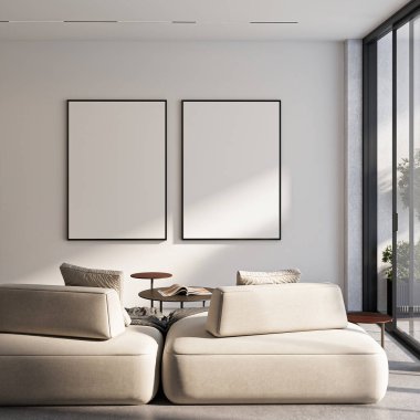 Çerçeve modeli, ISO. Kağıt boyutunda. Oturma odasının poster modeli. Evin arka planına sahip iç modeller. Modern iç tasarım. 3 Boyutlu Hazırlama