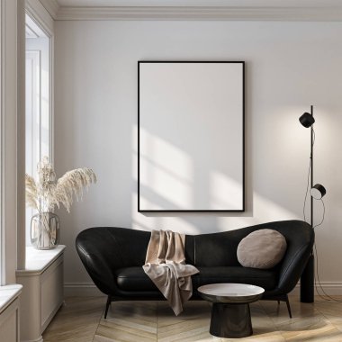 Çerçeve modeli, ISO. Kağıt boyutunda. Oturma odasının poster modeli. Evin arka planına sahip iç modeller. Modern iç tasarım. 3 Boyutlu Hazırlama