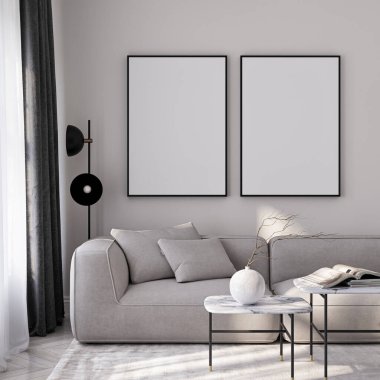 Çerçeve modeli, ISO. Kağıt boyutunda. Oturma odasının poster modeli. Evin arka planına sahip iç modeller. Modern iç tasarım. 3 Boyutlu Hazırlama