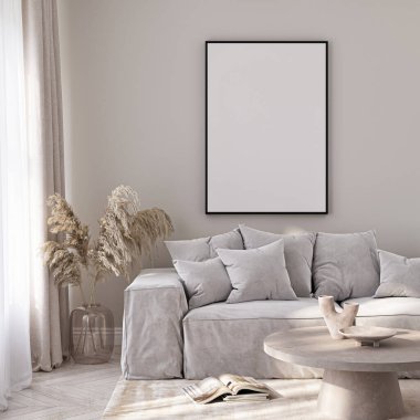 Çerçeve modeli, ISO. Kağıt boyutunda. Oturma odasının poster modeli. Evin arka planına sahip iç modeller. Modern iç tasarım. 3 Boyutlu Hazırlama