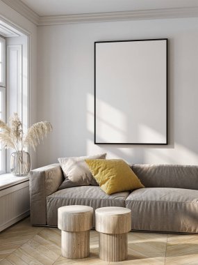 Çerçeve modeli, ISO. Kağıt boyutunda. Oturma odasının poster modeli. Evin arka planına sahip iç modeller. Modern iç tasarım. 3 Boyutlu Hazırlama