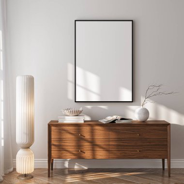 Çerçeve modeli, ISO. Kağıt boyutunda. Oturma odasının poster modeli. Evin arka planına sahip iç modeller. Modern iç tasarım. 3 Boyutlu Hazırlama