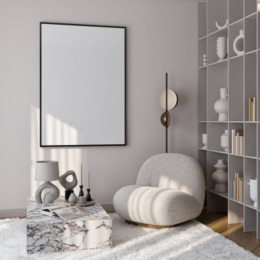 Çerçeve modeli, ISO. Kağıt boyutunda. Oturma odasının poster modeli. Evin arka planına sahip iç modeller. Modern iç tasarım. 3 Boyutlu Hazırlama