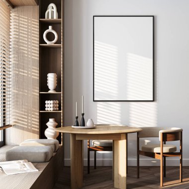 Çerçeve modeli, ISO. Kağıt boyutunda. Oturma odasının poster modeli. Evin arka planına sahip iç modeller. Modern iç tasarım. 3 Boyutlu Hazırlama