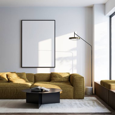 Çerçeve modeli, ISO. Kağıt boyutunda. Oturma odasının poster modeli. Evin arka planına sahip iç modeller. Modern iç tasarım. 3 Boyutlu Hazırlama