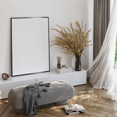 Çerçeve modeli, ISO. Kağıt boyutunda. Oturma odasının poster modeli. Evin arka planına sahip iç modeller. Modern iç tasarım. 3 Boyutlu Hazırlama