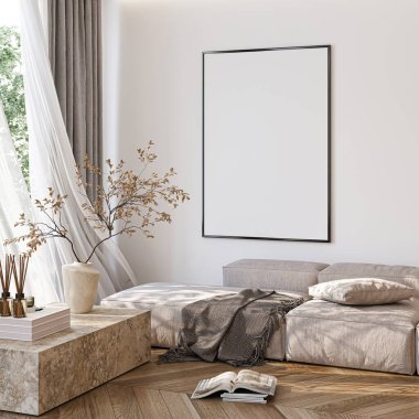 Çerçeve modeli, ISO. Kağıt boyutunda. Oturma odasının poster modeli. Evin arka planına sahip iç modeller. Modern iç tasarım. 3 Boyutlu Hazırlama