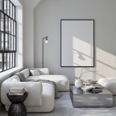 Çerçeve modeli, ISO. Kağıt boyutunda. Oturma odasının poster modeli. Evin arka planına sahip iç modeller. Modern iç tasarım. 3 Boyutlu Hazırlama