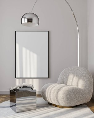 Doğal Işık ve Minimalist Dekorla Modern Oturma Odası Poster Model Model. 3 Boyutlu Hazırlama.