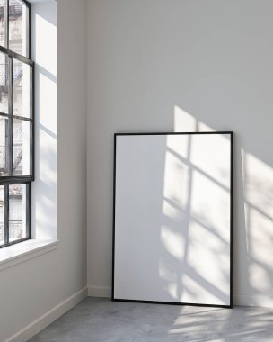 Zarif Oda 'da Dikey Poster Çerçeve Model. Kapatın. 3B Hazırlama.