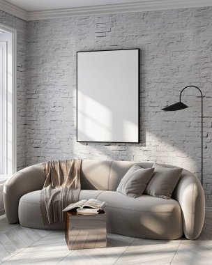 Modern Oturma Odası Posteri Doğal Işık ve Minimalist Dekorasyonlu Model. 3 Boyutlu Hazırlama.