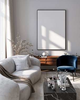 Modern Oturma Odası Posteri Doğal Işık ve Minimalist Dekorasyonlu Model. 3 Boyutlu Hazırlama.