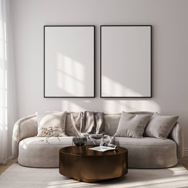 Modern Oturma Odası Posteri Doğal Işık ve Minimalist Dekorasyonlu Model. 3 Boyutlu Hazırlama.