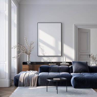 Modern Oturma Odası Posteri Doğal Işık ve Minimalist Dekorasyonlu Model. 3 Boyutlu Hazırlama.