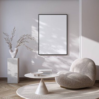 Modern Oturma Odası Posteri Doğal Işık ve Minimalist Dekorasyonlu Model. 3 Boyutlu Hazırlama..