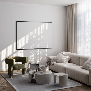 Modern Oturma Odası Posteri Doğal Işık ve Minimalist Dekorasyonlu Model. 3 Boyutlu Hazırlama.