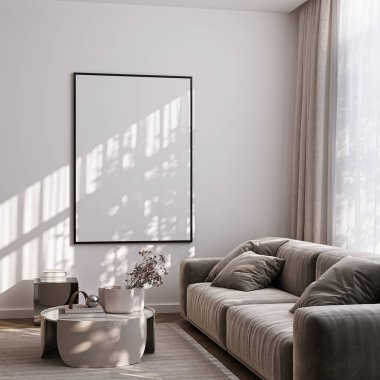 Modern Oturma Odası Posteri Doğal Işık ve Minimalist Dekorasyonlu Model. 3 Boyutlu Hazırlama.