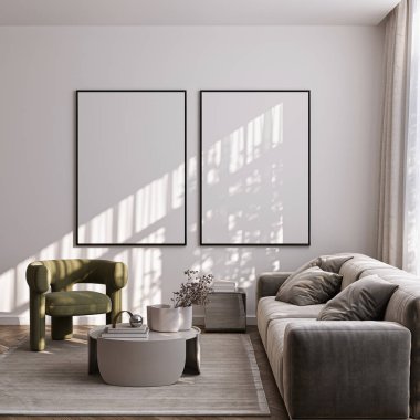 Modern Oturma Odası Posteri Doğal Işık ve Minimalist Dekorasyonlu Model. 3 Boyutlu Hazırlama.