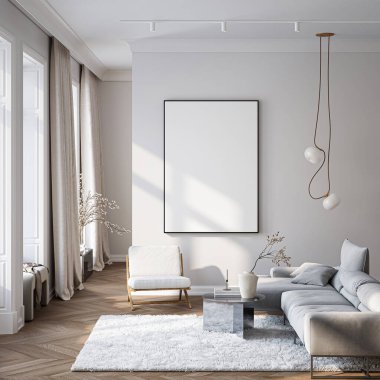 Modern Oturma Odası Posteri Doğal Işık ve Minimalist Dekorasyonlu Model. 3 Boyutlu Hazırlama.