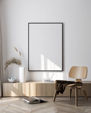 Modern Oturma Odası Posteri Doğal Işık ve Minimalist Dekorasyonlu Model. 3 Boyutlu Hazırlama.