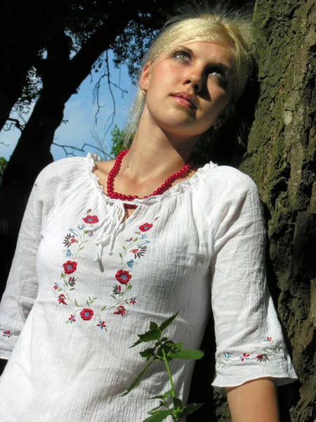 Szabadtéri Portré Fiatal Ukrán Hagyományos Ukrán Ruhát Nyári Napon — Stock Fotó