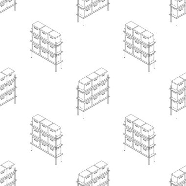 Çekmeceli raflar. Kusursuz desenler, dosya ve kutularda depolama ve sıralama için ofis mobilyaları. Çizgi film tarzında vektör illüstrasyonu, izole et.