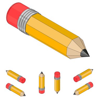 Isometric kalem. Silgi ile şekillendirilmiş kırtasiye kalemi. Okul ve üniversite malzemeleri. Vektör karikatür izometrik çizim. Hızlı çizimler ve notlar için kalem. Çizgi film tarzında resimleme.